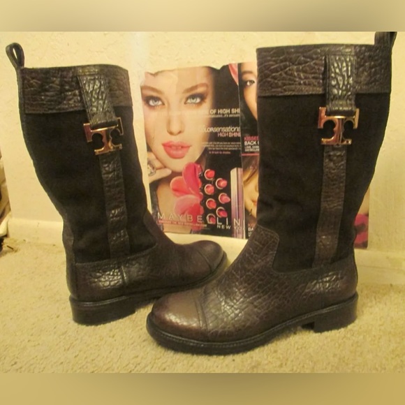HOT Tory Burch Corey Brown Logo Suede & Textured Leather Mid-calf Boots $500+! - Picture 2 of 12